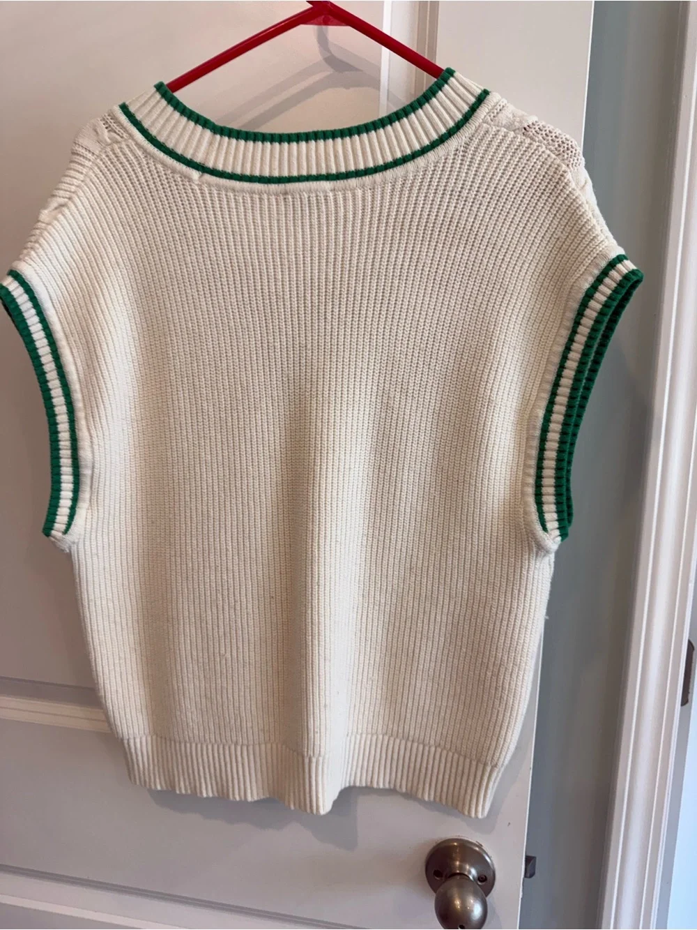 Talbots Cream Cable-Knit V-Neck Sweater Vest with Green Trim